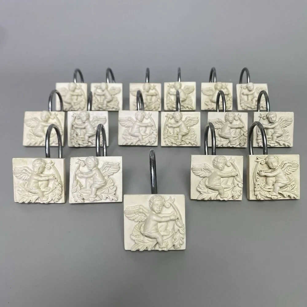 Vintage Cupid Cherub Angel Shower Curtain Hooks Putti Putto Bathroom Decor 17pcs